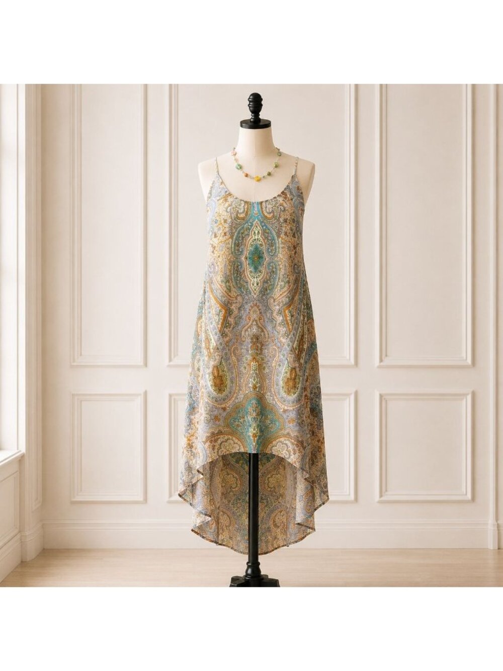 Audrey 3+1 Boho Paisley Maxi Dress Sheer Overlay Lined Resort Large